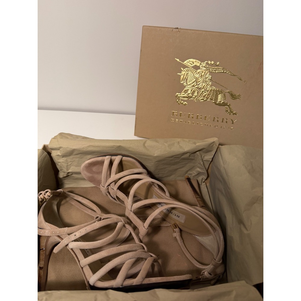 Burberry Tan Suede Strappy Stiletto Heels Caged Sandals Tortoise Heel 37 Box - Picture 7 of 7